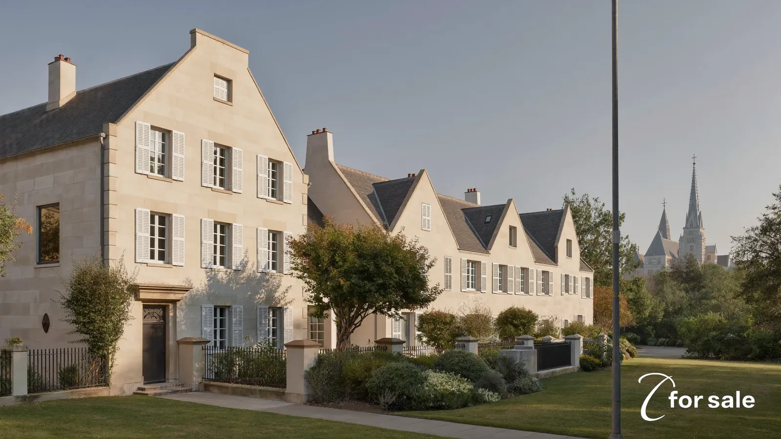 Maisons anciennes des bords de l'Eure à Chartres, flèches de la cathédrale au-dessus des toits